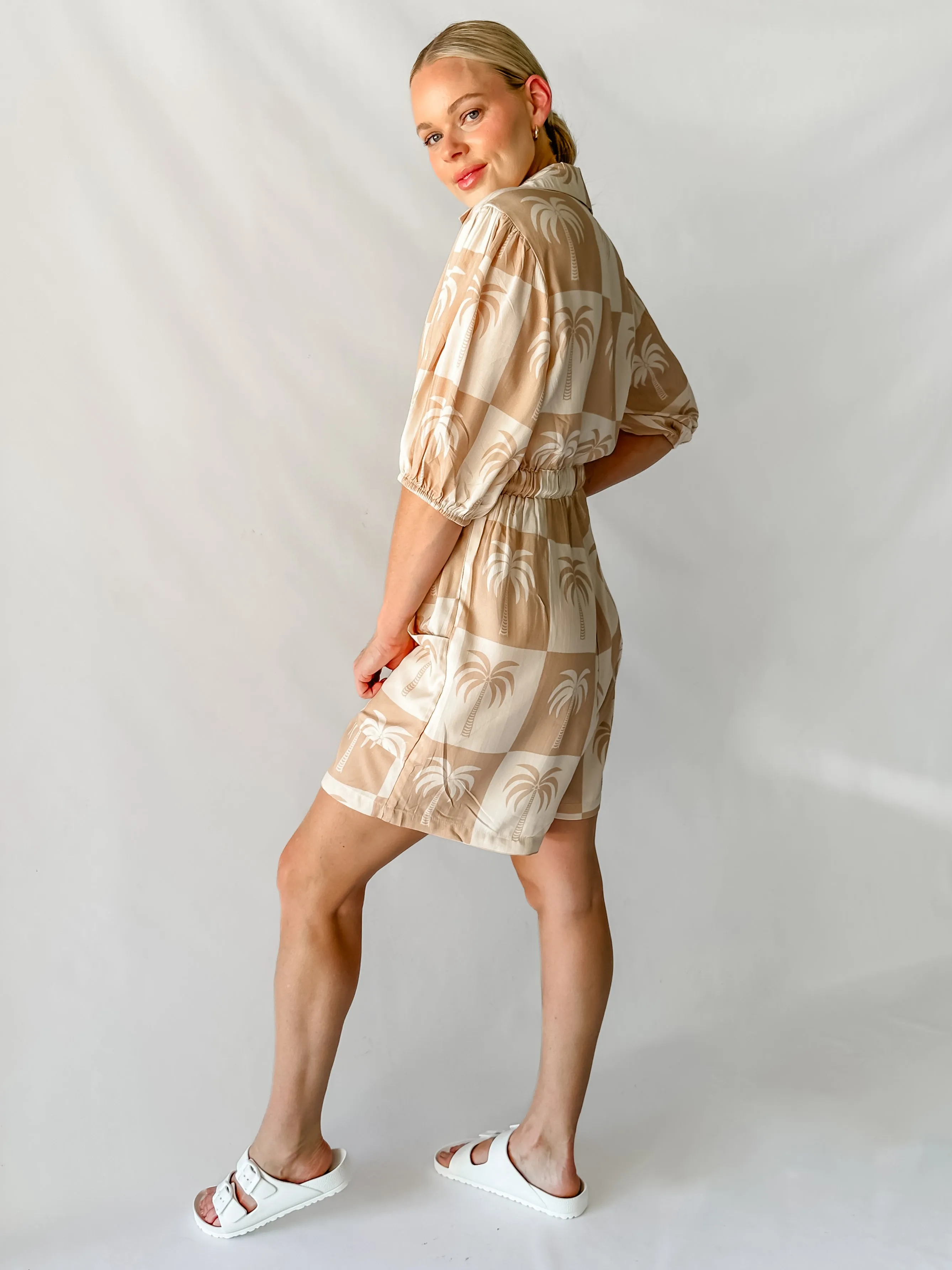 PARADISE PLAYSUIT - NEUTRAL PALM PRINT