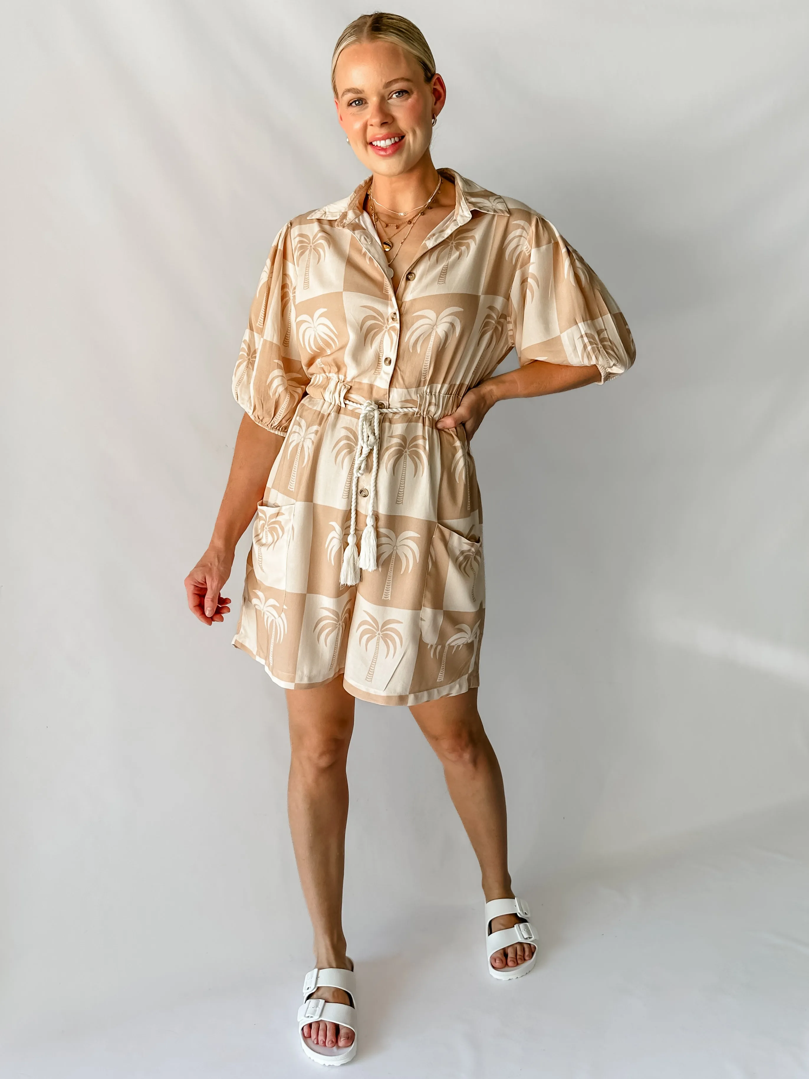 PARADISE PLAYSUIT - NEUTRAL PALM PRINT