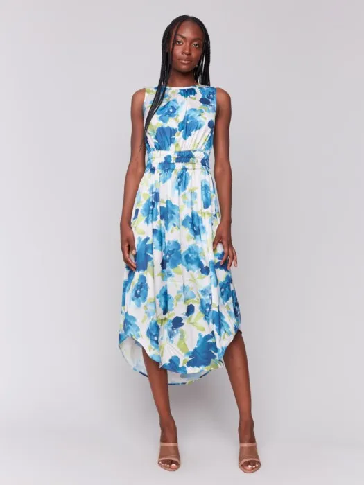 Printed Sleeveless Flowy Satin Dress