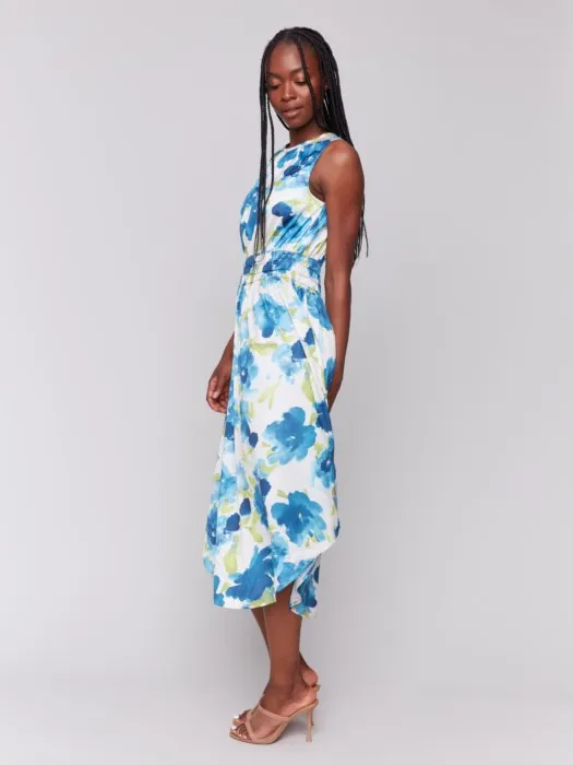 Printed Sleeveless Flowy Satin Dress
