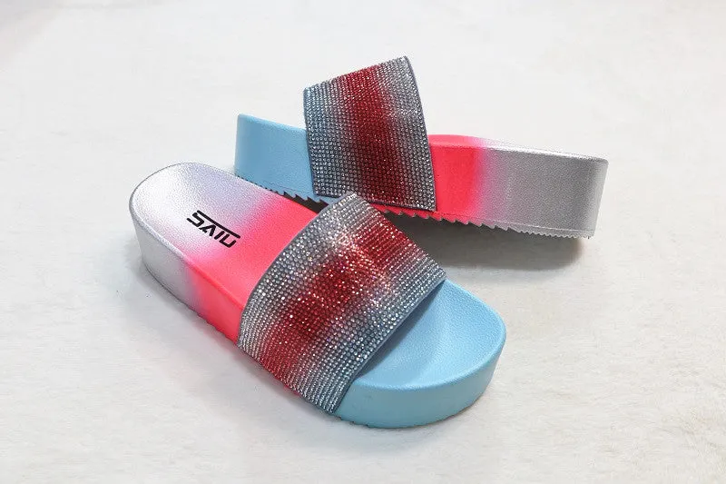 Shining diamond women shoes high heel gradient colors rainbow multi colors crystal lady slides sandals outdoor PCU thick sole slippers