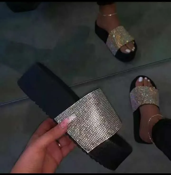 Shining diamond women shoes high heel gradient colors rainbow multi colors crystal lady slides sandals outdoor PCU thick sole slippers