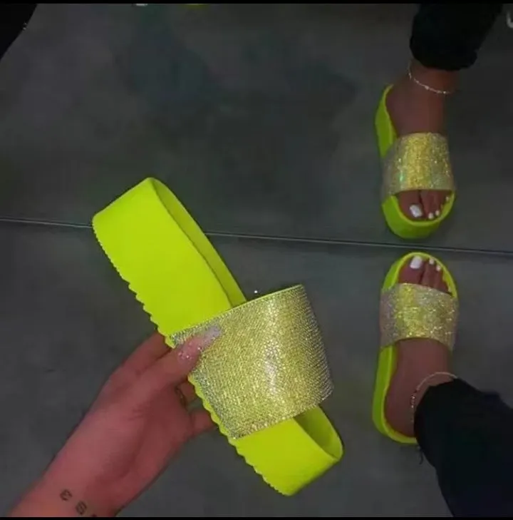 Shining diamond women shoes high heel gradient colors rainbow multi colors crystal lady slides sandals outdoor PCU thick sole slippers