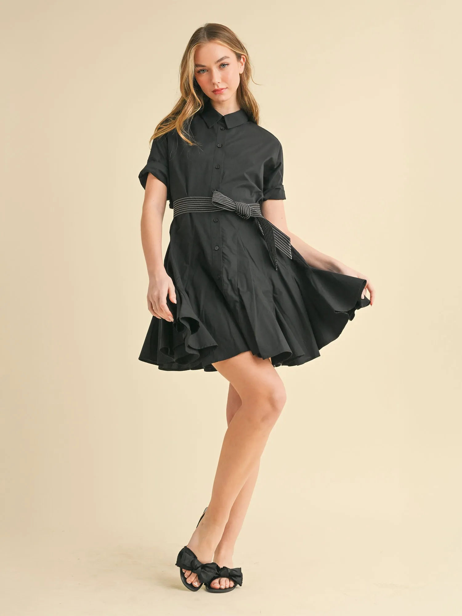 Short Sleeve Shirt Dress With Contrast Stitching
