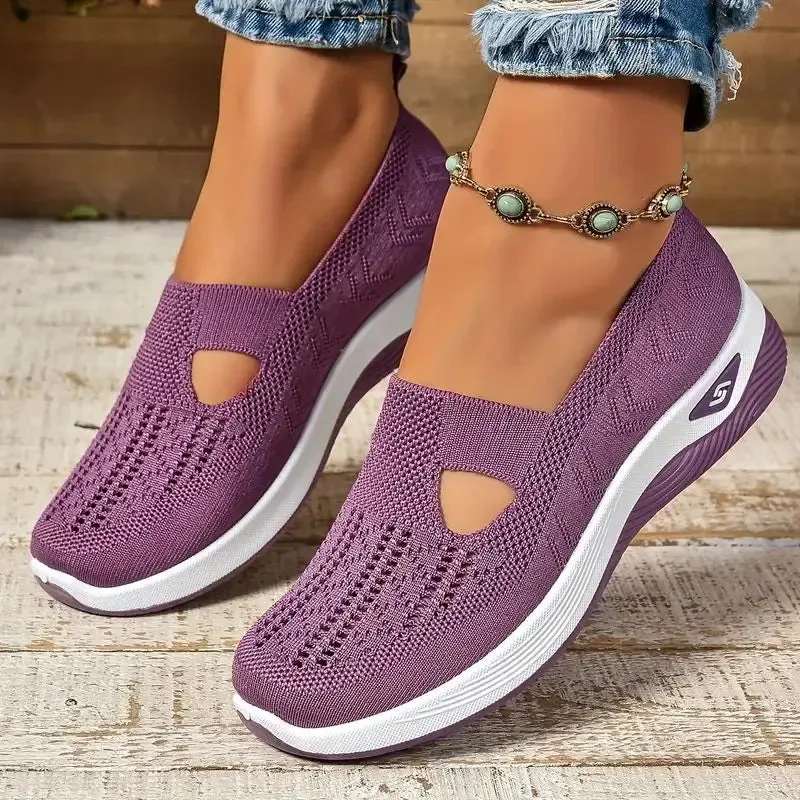 Soft Sole Knitted Sneakers - Breathable Comfort Casual Sports Shoes Woman Lightweight Hollow Out Mesh Flats Summer Shoes For Women