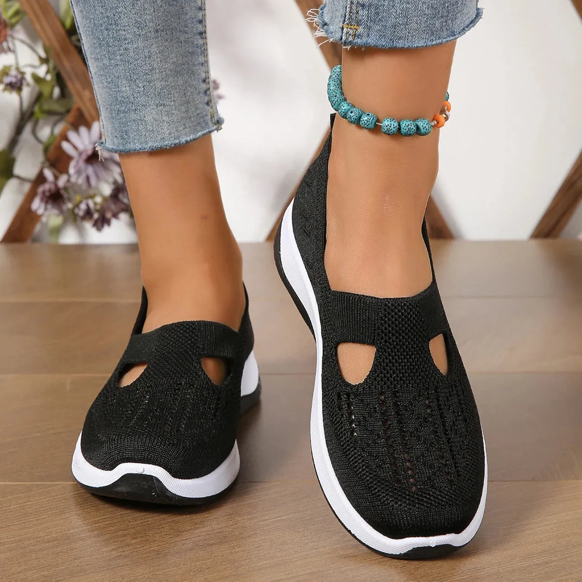 Soft Sole Knitted Sneakers - Breathable Comfort Casual Sports Shoes Woman Lightweight Hollow Out Mesh Flats Summer Shoes For Women