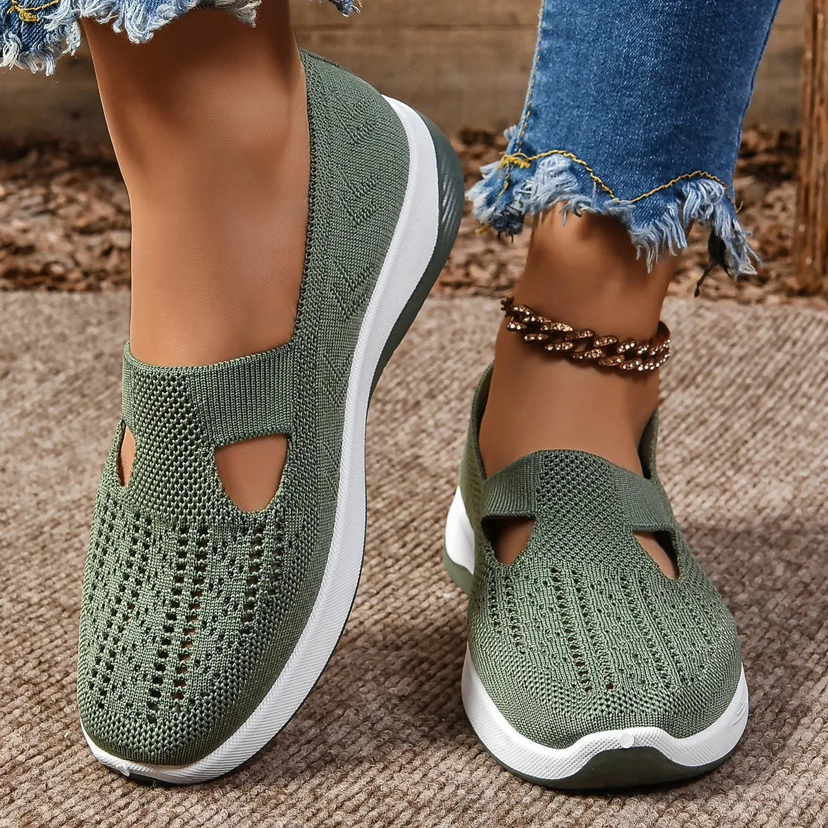 Soft Sole Knitted Sneakers - Breathable Comfort Casual Sports Shoes Woman Lightweight Hollow Out Mesh Flats Summer Shoes For Women