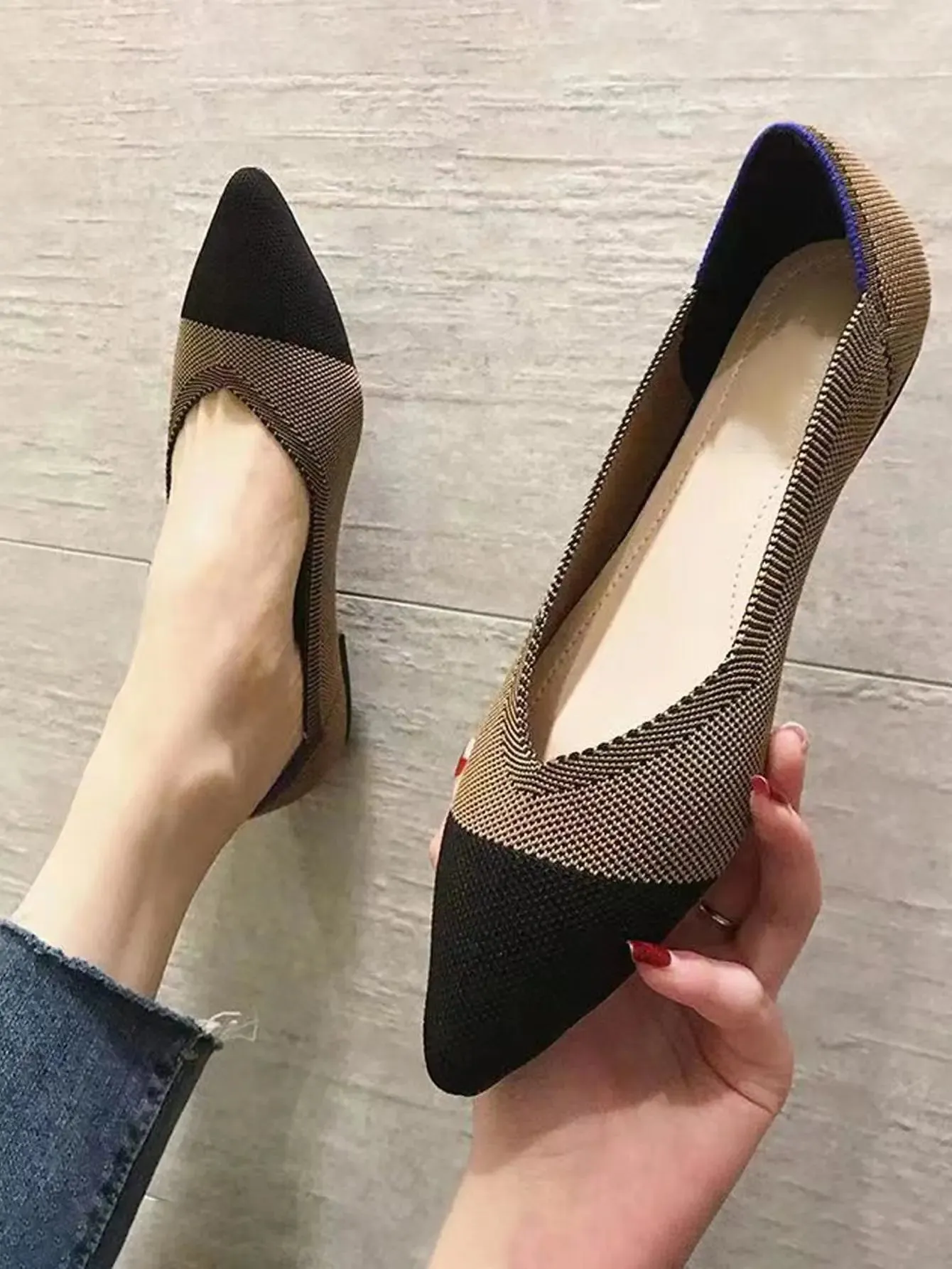 Spring and autumn flat shoes fashion leisure Women's flat shoes pointed knitting elastic comfortable boutique shoes