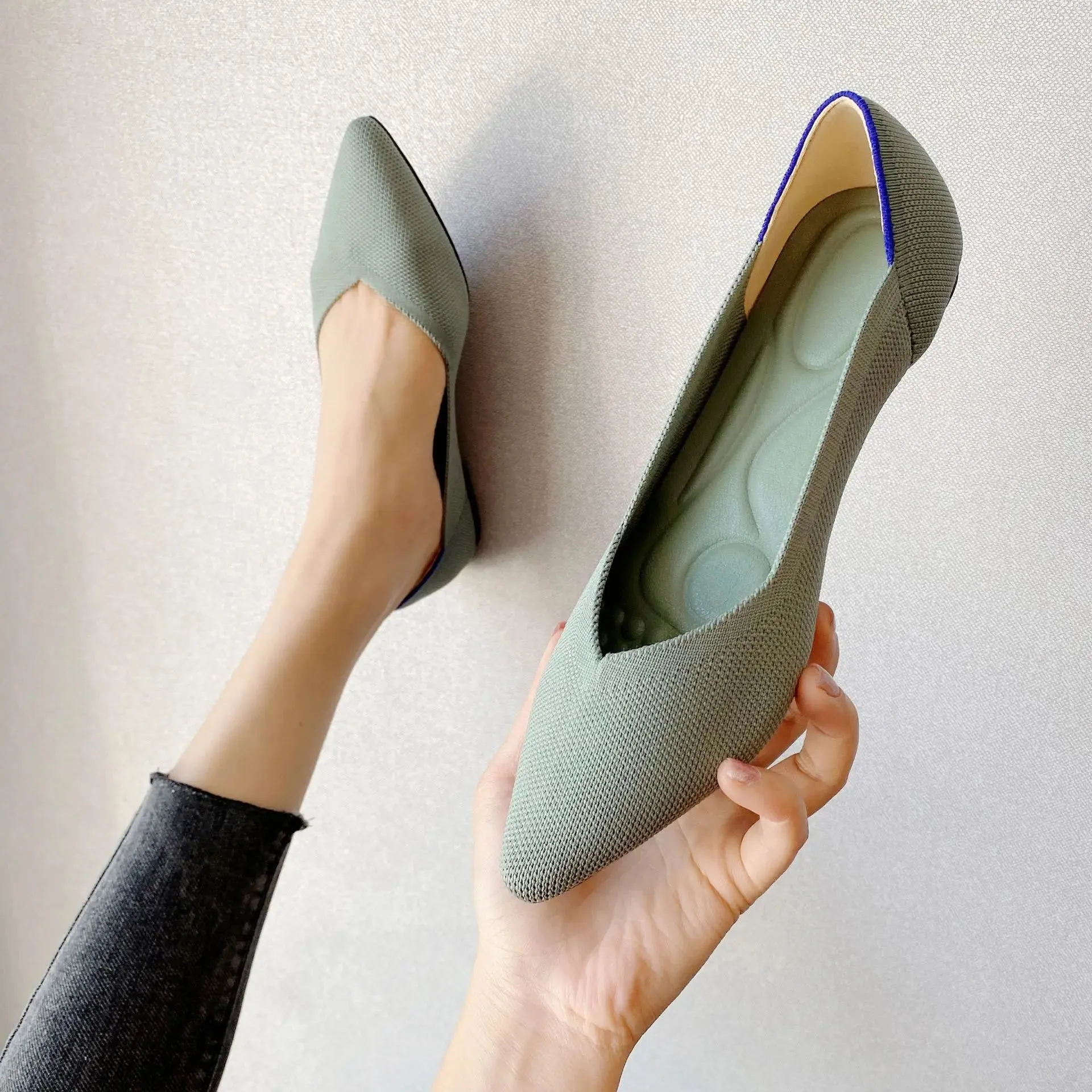 Spring and autumn flat shoes fashion leisure Women's flat shoes pointed knitting elastic comfortable boutique shoes