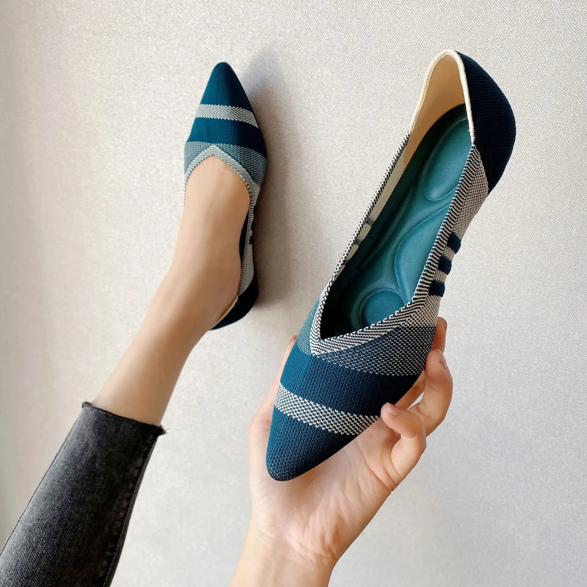 Spring and autumn flat shoes fashion leisure Women's flat shoes pointed knitting elastic comfortable boutique shoes
