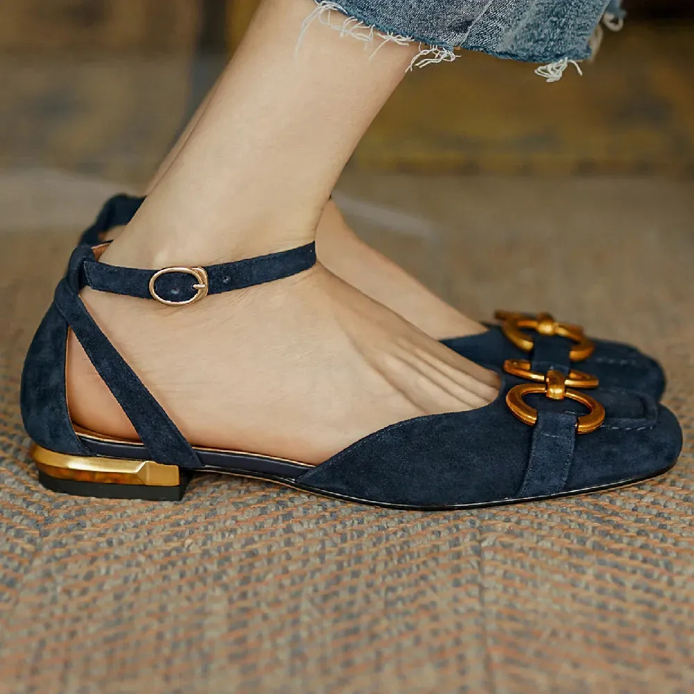 Suede Ankle Strap Leather Flats