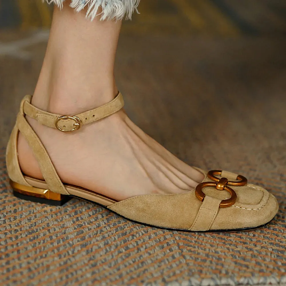 Suede Ankle Strap Leather Flats