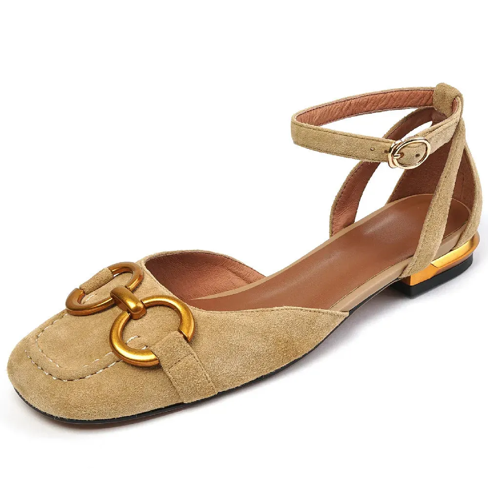 Suede Ankle Strap Leather Flats