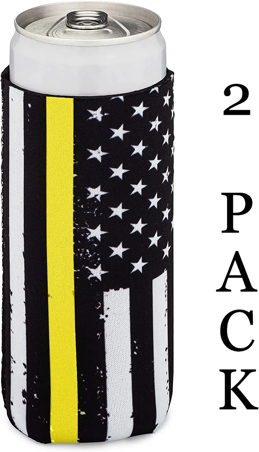 Thin Gold-Yellow Line Collapsible Beer and Seltzer Can Beverage Cooler Sleeves - 2 Pack - Tall Slim Size 12 oz - 3mm Thick Insulated Neoprene