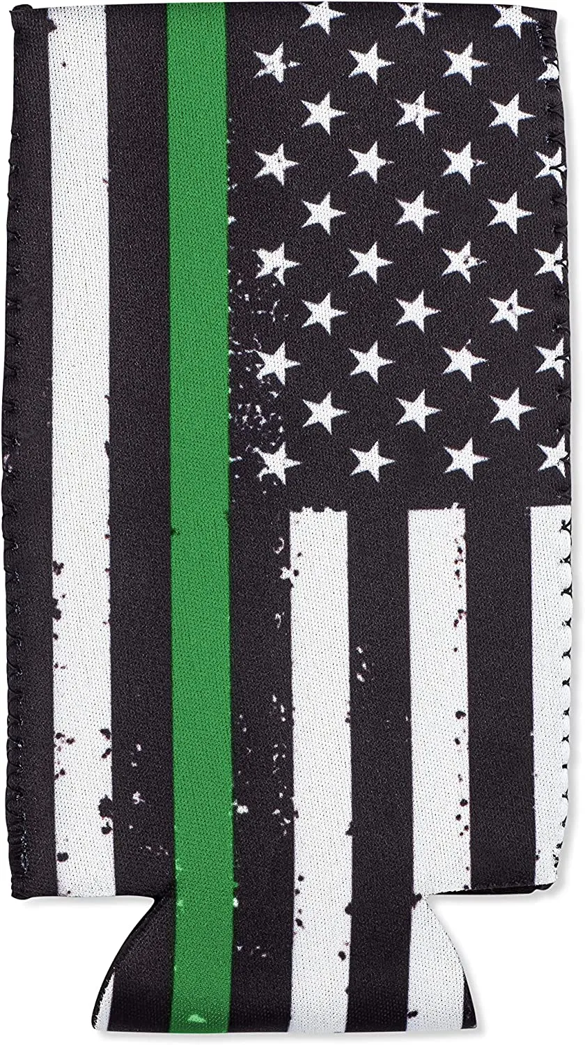 Thin Green Line Collapsible Beer and Seltzer Can Beverage Cooler Sleeves - 2 Pack - Tall Slim Size 12 oz - 3mm Thick Insulated Neoprene