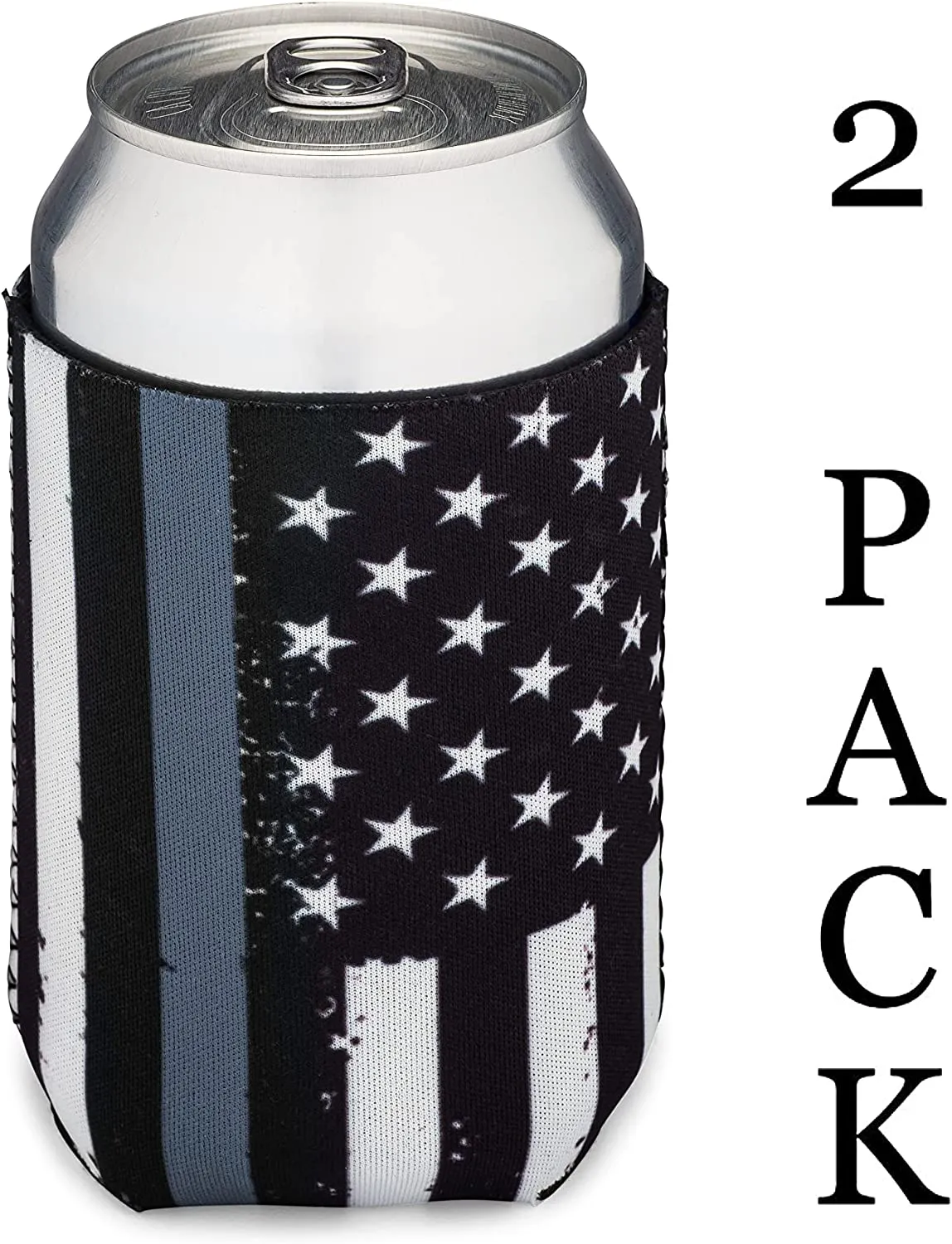 Thin Grey-Gray-Silver Line Collapsible Beer Can and Bottle Beverage Cooler Sleeves - 2 Pack - Standard Size 12 oz - 3mm Thick Insulated Neoprene