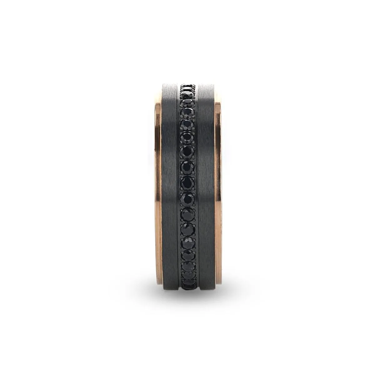 Thorsten ASTRO Flat Brushed Black Titanium Ring Rose Gold Edge and Black Sapphire