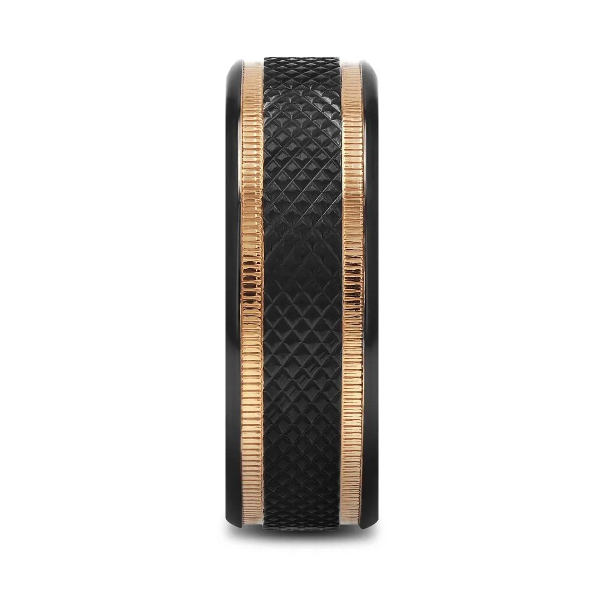 Thorsten BAROQUE Black Titanium Diamond Pattern Brushed Finish Men’s Wedding Ring with Gold Milgrain Grooves – 8mm
