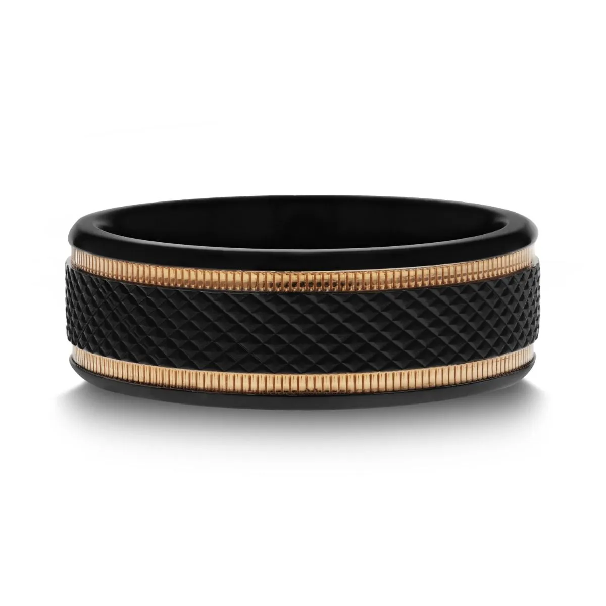 Thorsten BAROQUE Black Titanium Diamond Pattern Brushed Finish Men’s Wedding Ring with Gold Milgrain Grooves – 8mm