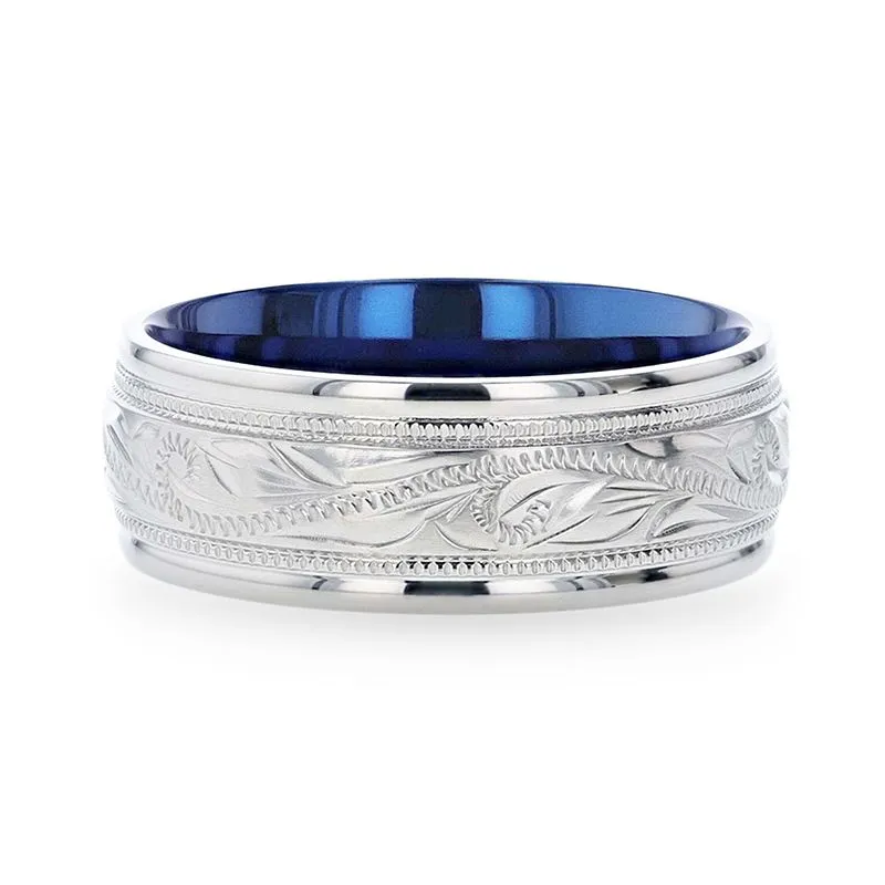 Thorsten MARINER Titanium Milgrain Engraved Finish Men's Wedding Ring with Blue Plating Inside- 8mm