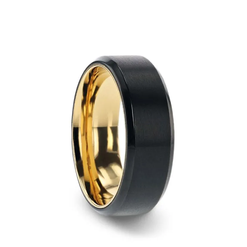 Thorsten VELVET Flat Brushed Black Titanium Men's Wedding Ring With Yellow Gold Plating Interior And Beveled Polished Edges - 8mm