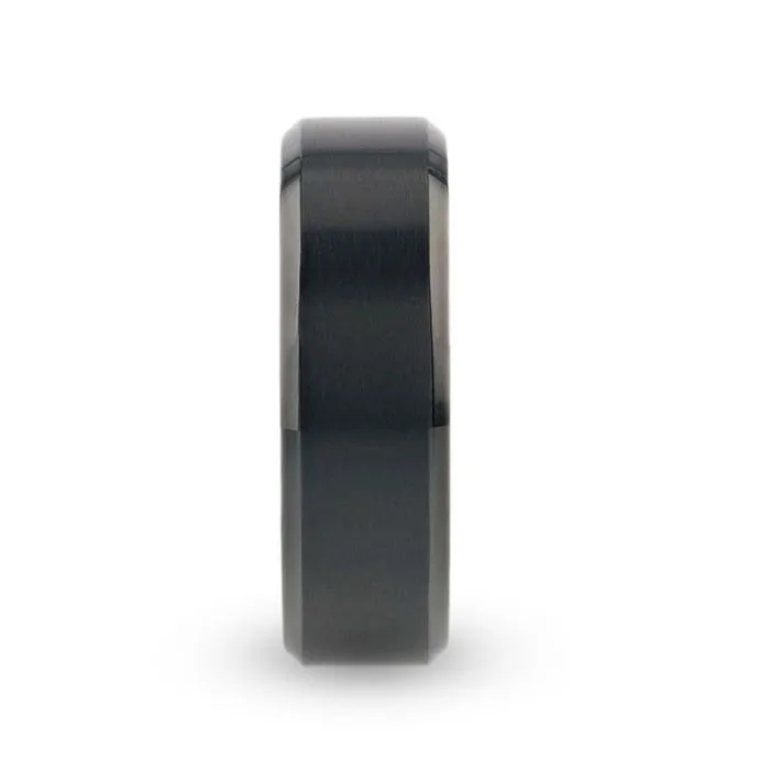 Thorsten VELVET Flat Brushed Black Titanium Men's Wedding Ring With Yellow Gold Plating Interior And Beveled Polished Edges - 8mm