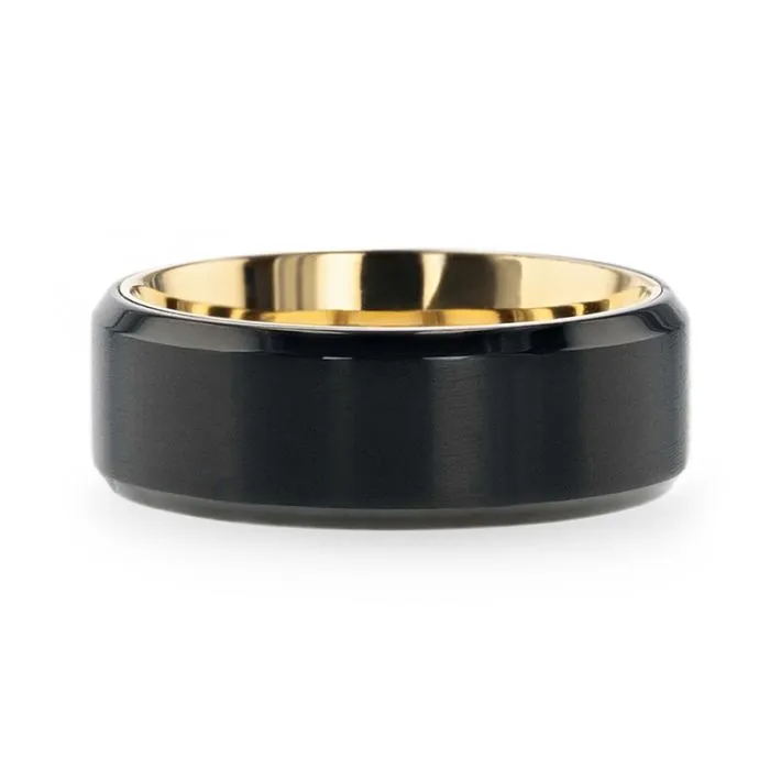 Thorsten VELVET Flat Brushed Black Titanium Men's Wedding Ring With Yellow Gold Plating Interior And Beveled Polished Edges - 8mm