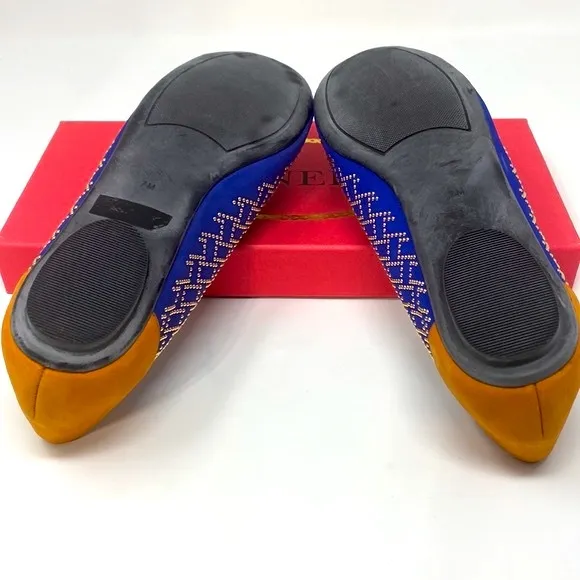 VANELI Women's Slip On Flats Blue Orange Color Block Suede Gold Studs 7M NWOT
