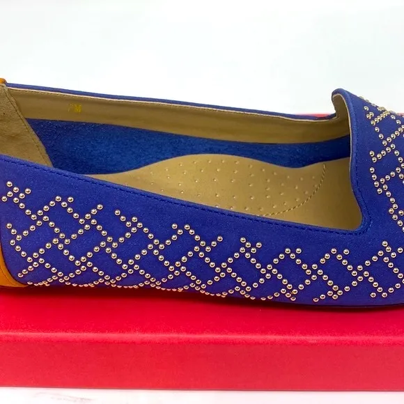 VANELI Women's Slip On Flats Blue Orange Color Block Suede Gold Studs 7M NWOT