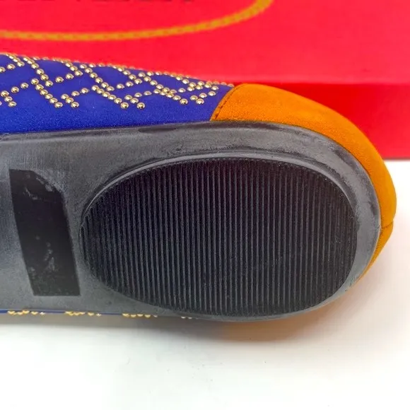 VANELI Women's Slip On Flats Blue Orange Color Block Suede Gold Studs 7M NWOT