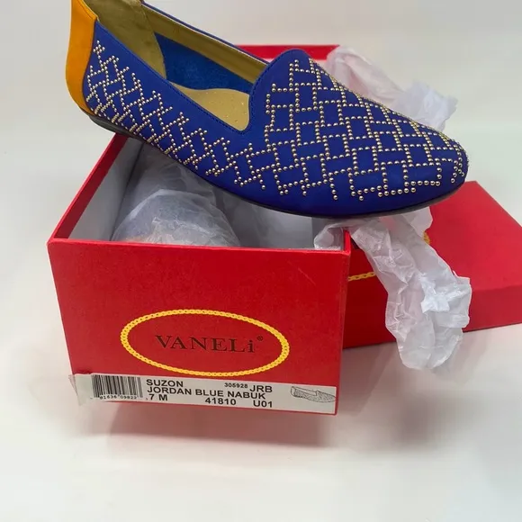 VANELI Women's Slip On Flats Blue Orange Color Block Suede Gold Studs 7M NWOT