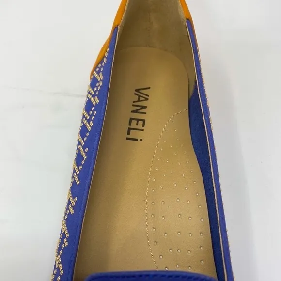 VANELI Women's Slip On Flats Blue Orange Color Block Suede Gold Studs 7M NWOT
