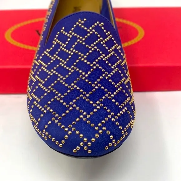 VANELI Women's Slip On Flats Blue Orange Color Block Suede Gold Studs 7M NWOT