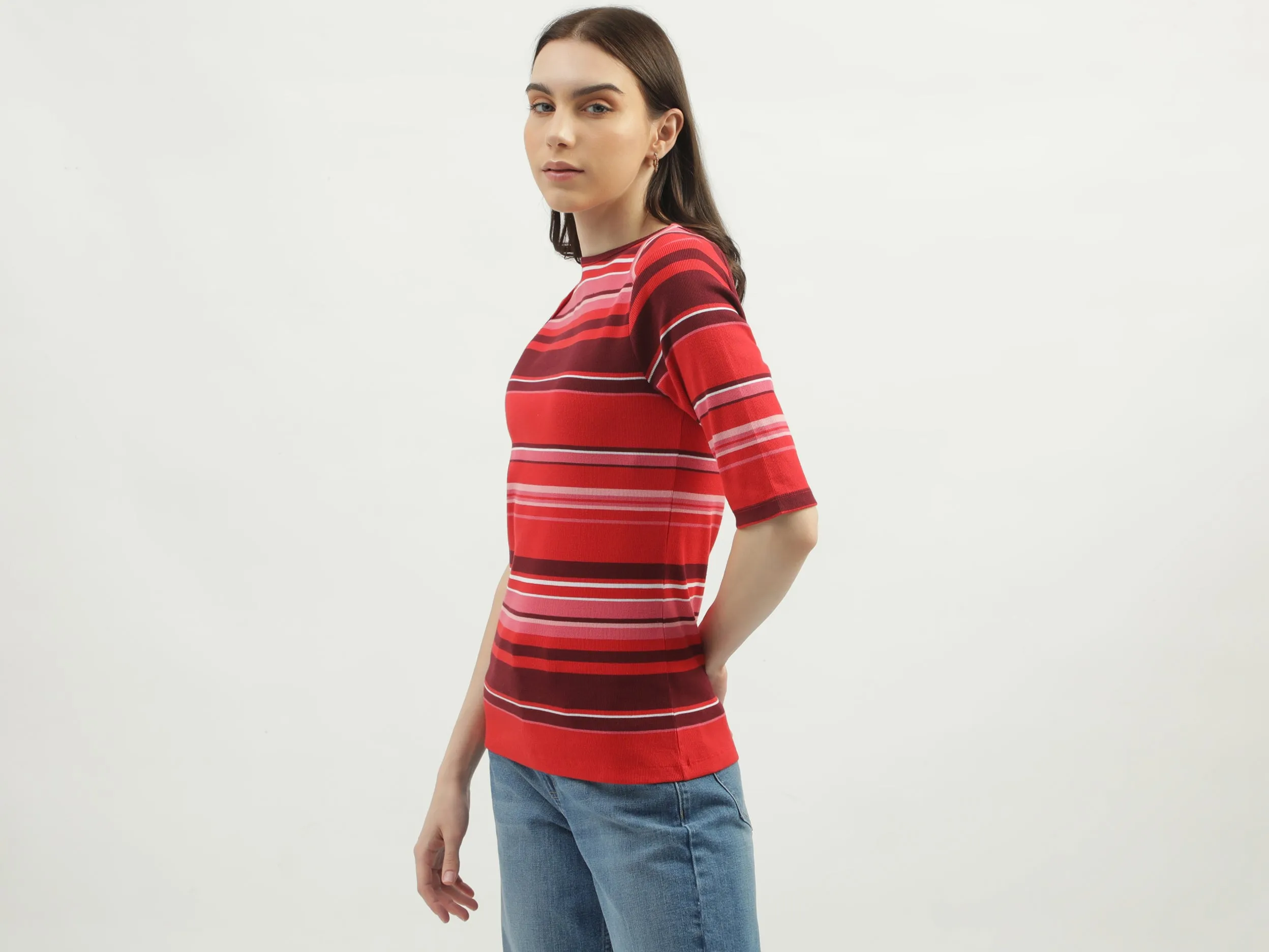 Women's Regular Fit Boat Neck Striped Tops