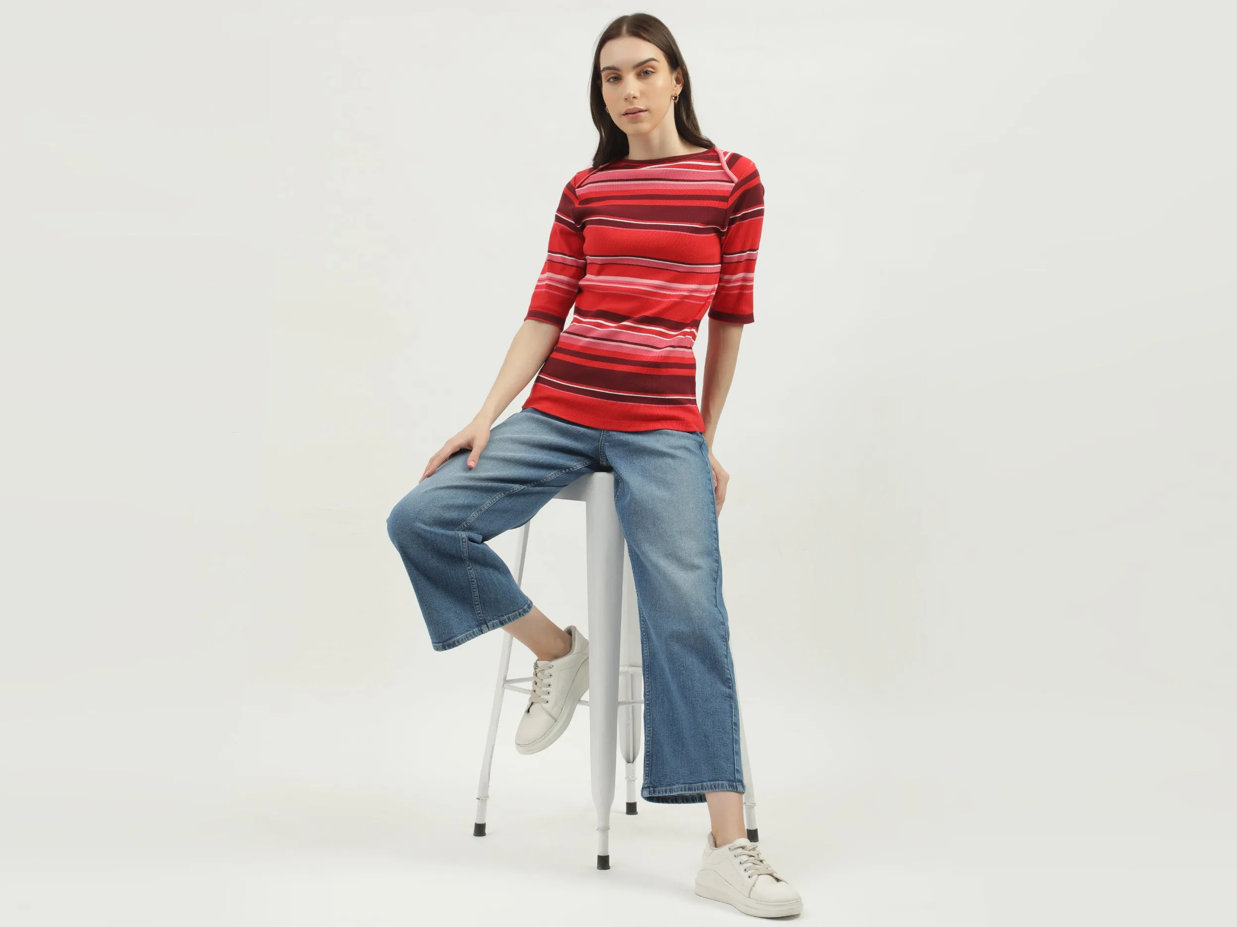 Women's Regular Fit Boat Neck Striped Tops