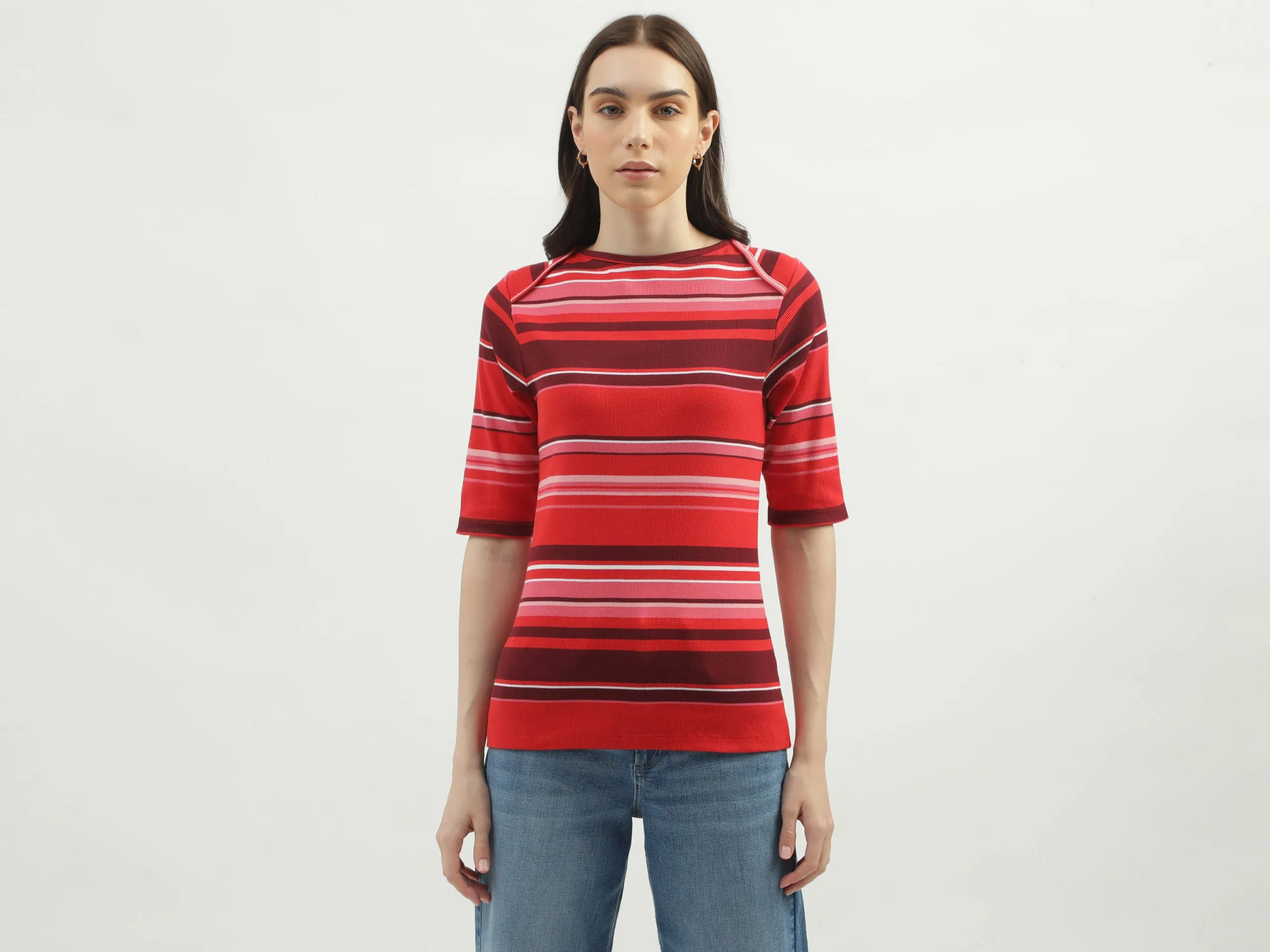 Women's Regular Fit Boat Neck Striped Tops