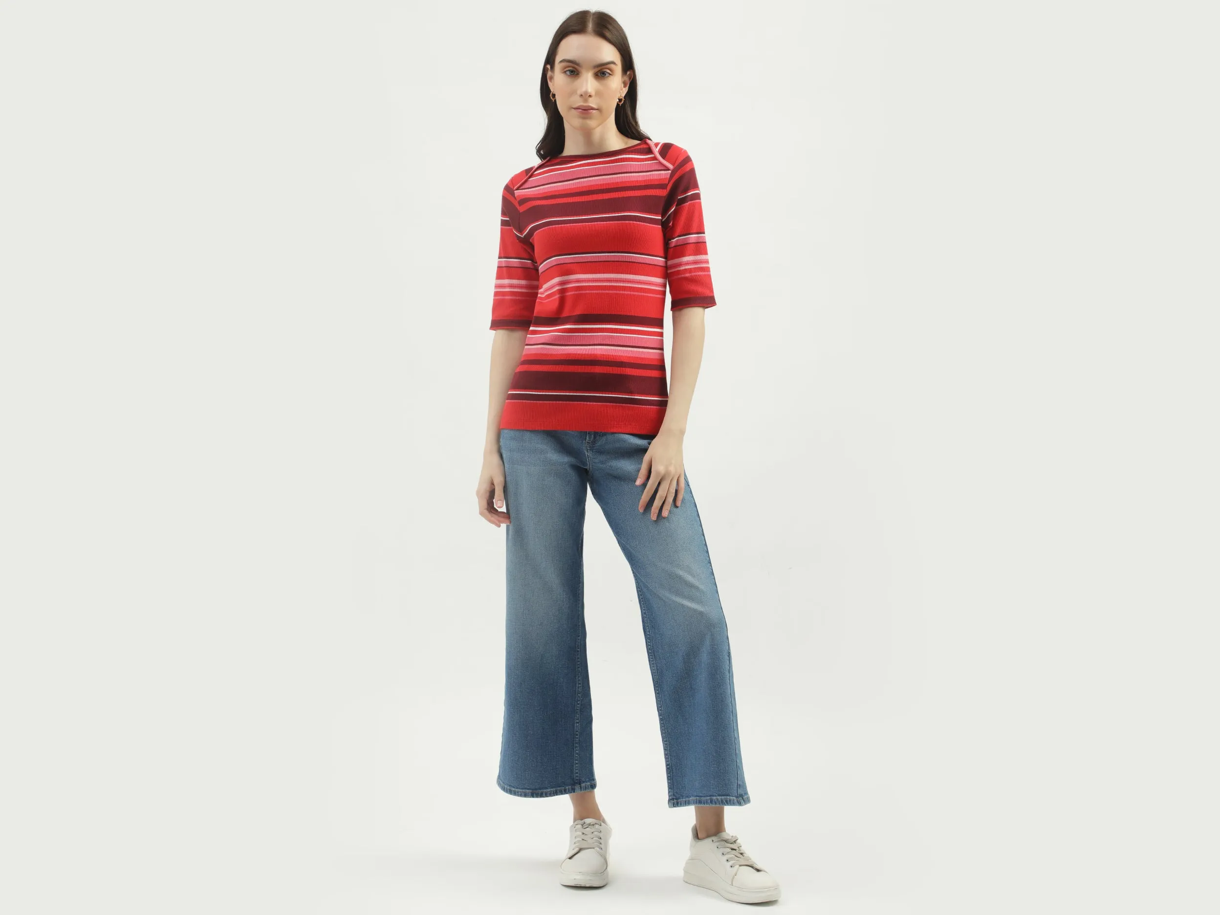 Women's Regular Fit Boat Neck Striped Tops
